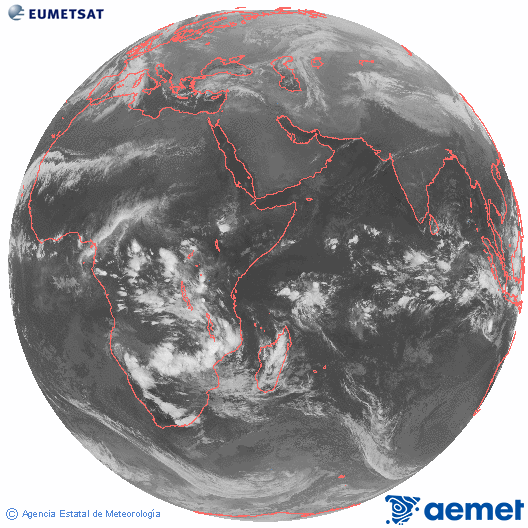 Oc�ano �ndico. Imagen global del canal infrarrojo (10.8&mu;m) de Meteosat, perteneciente a la serie MSG (Meteosat Segunda Generaci�n) y situado en 41.5° E.&nbsp;lunes, 22 diciembre 2025 a las 19:00