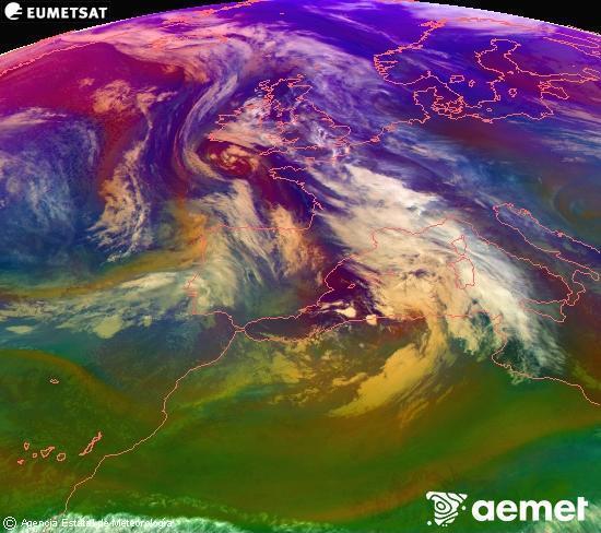 Composici� RGB en la qual es barregen diversos canals del sat�l�lit Meteosat operacional en 0�N 0�W, que ens d�na una idea de les caracter�stiques de les masses d'aire i de la nuvolositat.&nbsp;dilluns, 22 de desembre  2025 20:00