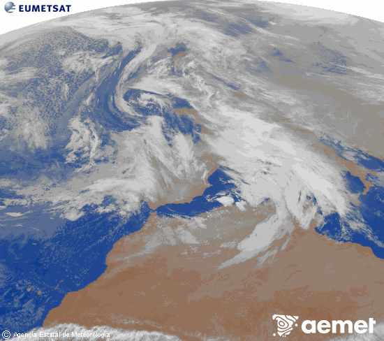 Imagen de la zona de Europa y Norte de �frica del canal infrarrojo del sat�lite Meteosat operacional en 0�N 0�W, procesada para darle color.&nbsp;lundi, 22 d�cembre  2025 21:00