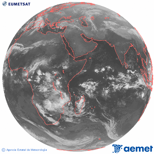 Oc�ano �ndico. Imagen global del canal infrarrojo (10.8&mu;m) de Meteosat, perteneciente a la serie MSG (Meteosat Segunda Generaci�n) y situado en 41.5° E.&nbsp;lunes, 22 diciembre 2025 a las 22:00