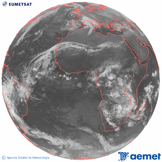 Imagen global del canal infrarrojo (10.8 &mu;m) del sat�lite Meteosat, perteneciente a la serie MSG (Meteosat Segunda Generaci�n) y situado en 0�N 0�E.&nbsp;dimarts, 23 de desembre  2025 01:00