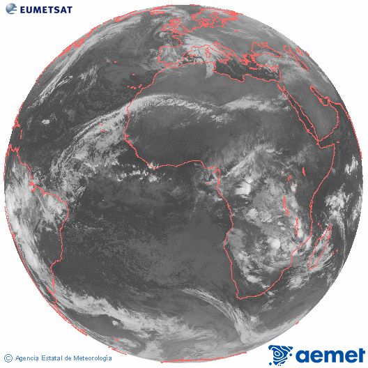 Imagen global del canal infrarrojo (10.8 &mu;m) del sat�lite Meteosat, perteneciente a la serie MSG (Meteosat Segunda Generaci�n) y situado en 0�N 0�E.&nbsp;mardi, 23 d�cembre  2025 04:00