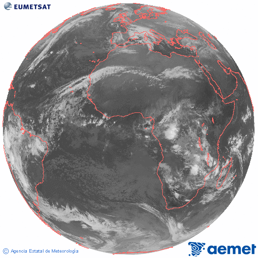 Imagen global del canal infrarrojo (10.8 &mu;m) del sat�lite Meteosat, perteneciente a la serie MSG (Meteosat Segunda Generaci�n) y situado en 0�N 0�E.&nbsp;mardi, 23 d�cembre  2025 07:00