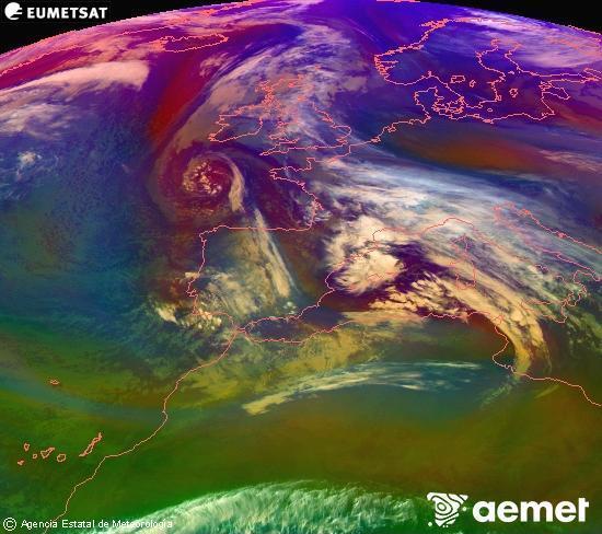 Composici� RGB en la qual es barregen diversos canals del sat�l�lit Meteosat operacional en 0�N 0�W, que ens d�na una idea de les caracter�stiques de les masses d'aire i de la nuvolositat.&nbsp;dimarts, 23 de desembre  2025 10:00