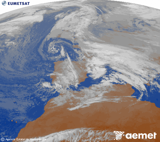 Imagen de la zona de Europa y Norte de �frica del canal infrarrojo del sat�lite Meteosat operacional en 0�N 0�W, procesada para darle color.&nbsp;mardi, 23 d�cembre  2025 11:00