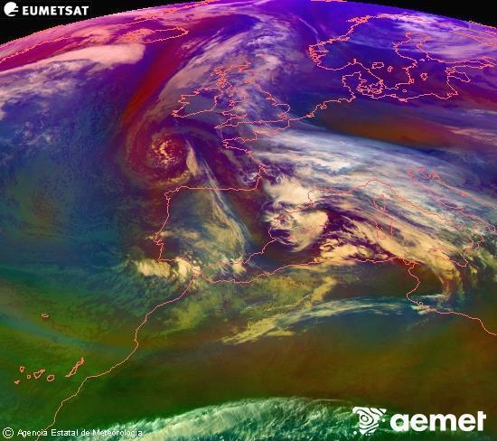 Composici� RGB en la qual es barregen diversos canals del sat�l�lit Meteosat operacional en 0�N 0�W, que ens d�na una idea de les caracter�stiques de les masses d'aire i de la nuvolositat.&nbsp;dimarts, 23 de desembre  2025 12:00