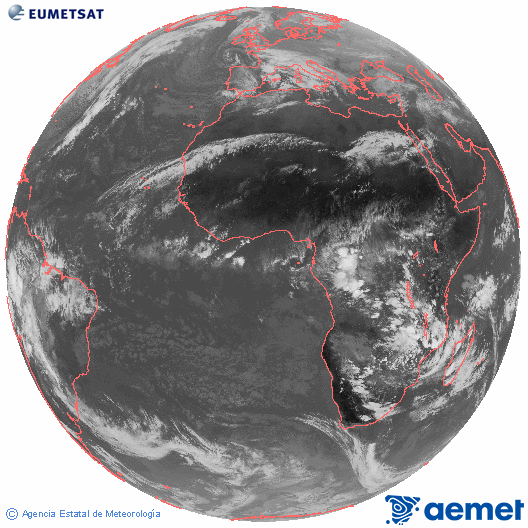 Imagen global del canal infrarrojo (10.8 &mu;m) del sat�lite Meteosat, perteneciente a la serie MSG (Meteosat Segunda Generaci�n) y situado en 0�N 0�E.&nbsp;dimarts, 23 de desembre  2025 13:00