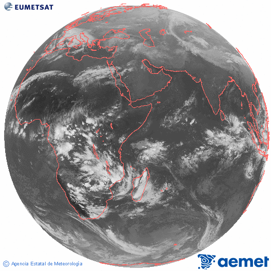 Oc�ano �ndico. Imagen global del canal infrarrojo (10.8&mu;m) de Meteosat, perteneciente a la serie MSG (Meteosat Segunda Generaci�n) y situado en 41.5° E.&nbsp;martes, 23 diciembre 2025 a las 16:00