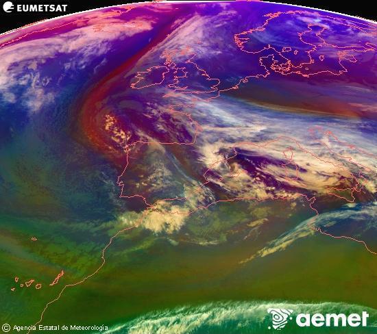 Composici� RGB en la qual es barregen diversos canals del sat�l�lit Meteosat operacional en 0�N 0�W, que ens d�na una idea de les caracter�stiques de les masses d'aire i de la nuvolositat.&nbsp;dimarts, 23 de desembre  2025 18:00