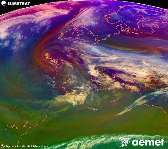 Composici� RGB en la qual es barregen diversos canals del sat�l�lit Meteosat operacional en 0�N 0�W, que ens d�na una idea de les caracter�stiques de les masses d'aire i de la nuvolositat.&nbsp;dimarts, 23 de desembre  2025 19:00