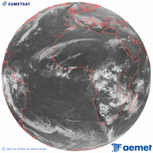 Imagen global del canal infrarrojo (10.8 &mu;m) del sat�lite Meteosat, perteneciente a la serie MSG (Meteosat Segunda Generaci�n) y situado en 0�N 0�E.&nbsp;mardi, 23 d�cembre  2025 19:00