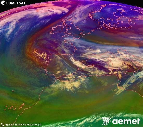 Composici� RGB en la qual es barregen diversos canals del sat�l�lit Meteosat operacional en 0�N 0�W, que ens d�na una idea de les caracter�stiques de les masses d'aire i de la nuvolositat.&nbsp;dimarts, 23 de desembre  2025 22:00