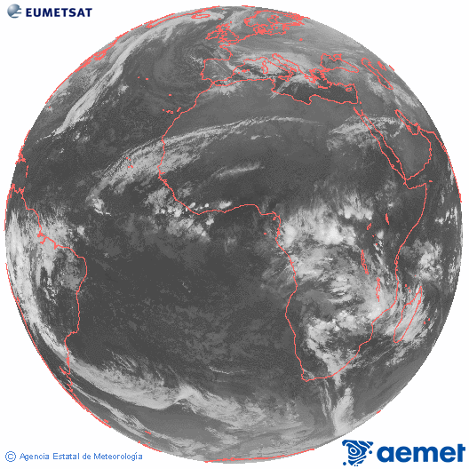 Imagen global del canal infrarrojo (10.8 &mu;m) del sat�lite Meteosat, perteneciente a la serie MSG (Meteosat Segunda Generaci�n) y situado en 0�N 0�E.&nbsp;mardi, 23 d�cembre  2025 22:00