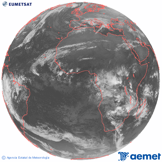 Imagen global del canal infrarrojo (10.8 &mu;m) del sat�lite Meteosat, perteneciente a la serie MSG (Meteosat Segunda Generaci�n) y situado en 0�N 0�E.&nbsp;mercredi, 24 d�cembre  2025 01:00
