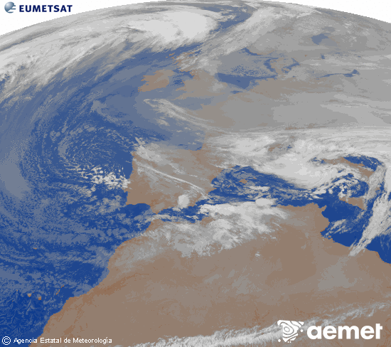 Imatge de la zona d'Europa i Nord d'�frica del canal infraroig del sat�l�lit Meteosat operacional en 0�N 0�W, processada per a donar-li color.&nbsp;dimecres, 24 de desembre  2025 04:00