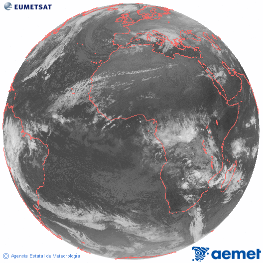 Imagen global del canal infrarrojo (10.8 &mu;m) del sat�lite Meteosat, perteneciente a la serie MSG (Meteosat Segunda Generaci�n) y situado en 0�N 0�E.&nbsp;mercredi, 24 d�cembre  2025 07:00