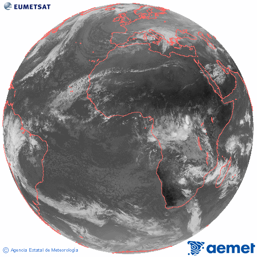 Imagen global del canal infrarrojo (10.8 &mu;m) del sat�lite Meteosat, perteneciente a la serie MSG (Meteosat Segunda Generaci�n) y situado en 0�N 0�E.&nbsp;mercredi, 24 d�cembre  2025 10:00