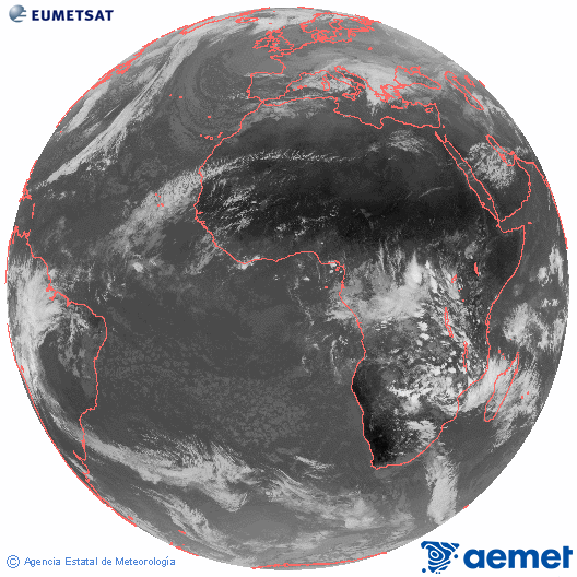 Imagen global del canal infrarrojo (10.8 &mu;m) del sat�lite Meteosat, perteneciente a la serie MSG (Meteosat Segunda Generaci�n) y situado en 0�N 0�E.&nbsp;mercredi, 24 d�cembre  2025 13:00
