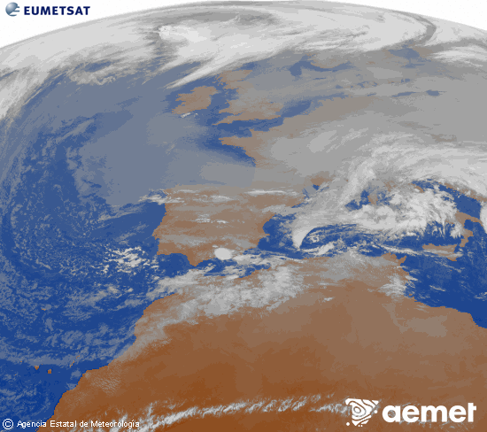 Imagen de la zona de Europa y Norte de �frica del canal infrarrojo del sat�lite Meteosat operacional en 0�N 0�W, procesada para darle color.&nbsp;Wednesday, 24 December  2025 17:00