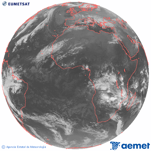 Imagen global del canal infrarrojo (10.8 &mu;m) del sat�lite Meteosat, perteneciente a la serie MSG (Meteosat Segunda Generaci�n) y situado en 0�N 0�E.&nbsp;jueves, 25 diciembre 2025 a las 01:00