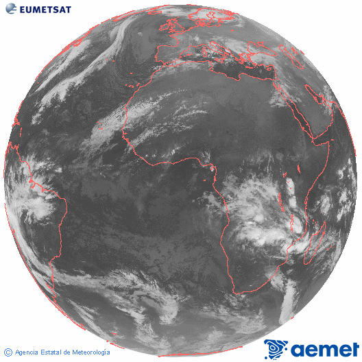 Imagen global del canal infrarrojo (10.8 &mu;m) del sat�lite Meteosat, perteneciente a la serie MSG (Meteosat Segunda Generaci�n) y situado en 0�N 0�E.&nbsp;jueves, 25 diciembre 2025 a las 04:00