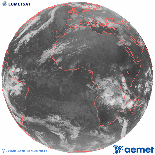 Imagen global del canal infrarrojo (10.8 &mu;m) del sat�lite Meteosat, perteneciente a la serie MSG (Meteosat Segunda Generaci�n) y situado en 0�N 0�E.&nbsp;jueves, 25 diciembre 2025 a las 07:00