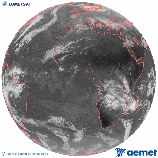 Imagen global del canal infrarrojo (10.8 &mu;m) del sat�lite Meteosat, perteneciente a la serie MSG (Meteosat Segunda Generaci�n) y situado en 0�N 0�E.&nbsp;jueves, 25 diciembre 2025 a las 10:00