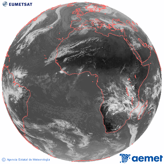 Imagen global del canal infrarrojo (10.8 &mu;m) del sat�lite Meteosat, perteneciente a la serie MSG (Meteosat Segunda Generaci�n) y situado en 0�N 0�E.&nbsp;jueves, 25 diciembre 2025 a las 13:00