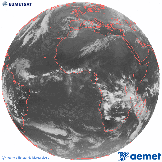 Imagen global del canal infrarrojo (10.8 &mu;m) del sat�lite Meteosat, perteneciente a la serie MSG (Meteosat Segunda Generaci�n) y situado en 0�N 0�E.&nbsp;viernes, 26 diciembre 2025 a las 19:00