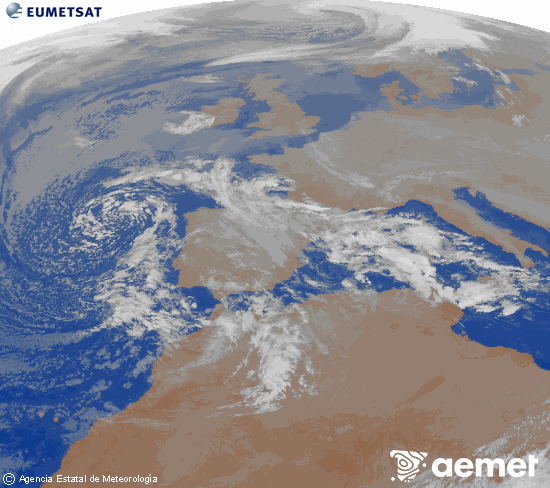 Imatge de la zona d'Europa i Nord d'�frica del canal infraroig del sat�l�lit Meteosat operacional en 0�N 0�W, processada per a donar-li color.&nbsp;divendres, 26 de desembre  2025 22:00