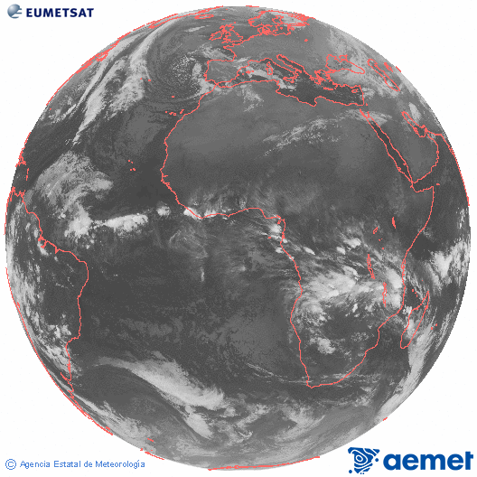 Imagen global del canal infrarrojo (10.8 &mu;m) del sat�lite Meteosat, perteneciente a la serie MSG (Meteosat Segunda Generaci�n) y situado en 0�N 0�E.&nbsp;s�bado, 27 diciembre 2025 a las 04:00