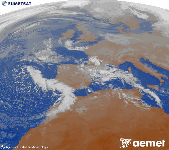 Imagen de la zona de Europa y Norte de �frica del canal infrarrojo del sat�lite Meteosat operacional en 0�N 0�W, procesada para darle color.&nbsp;s�bado, 27 diciembre 2025 a las 11:00