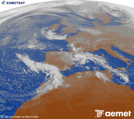 Imagen de la zona de Europa y Norte de �frica del canal infrarrojo del sat�lite Meteosat operacional en 0�N 0�W, procesada para darle color.&nbsp;s�bado, 27 diciembre 2025 a las 13:00