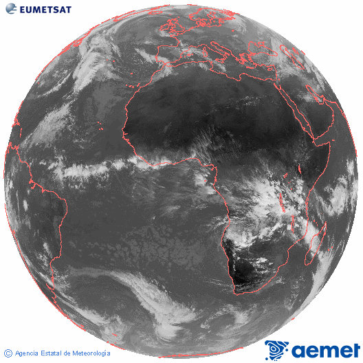 Imagen global del canal infrarrojo (10.8 &mu;m) del sat�lite Meteosat, perteneciente a la serie MSG (Meteosat Segunda Generaci�n) y situado en 0�N 0�E.&nbsp;s�bado, 27 diciembre 2025 a las 13:00