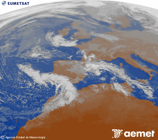 Imagen de la zona de Europa y Norte de �frica del canal infrarrojo del sat�lite Meteosat operacional en 0�N 0�W, procesada para darle color.&nbsp;larunbata, 2025ko abenduak 27, ordua: 14:00