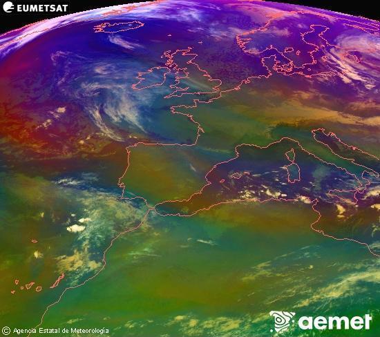 Composici�n RGB na que se mesturan varias canles do sat�lite Meteosat operacional en 0� N 0� W, que nos d� unha idea das caracter�sticas das masas de aire e da nebulosidade.&nbsp;martes, 30 decembro  2025 09:00