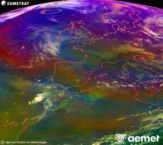 Composici�n RGB na que se mesturan varias canles do sat�lite Meteosat operacional en 0� N 0� W, que nos d� unha idea das caracter�sticas das masas de aire e da nebulosidade.&nbsp;martes, 30 decembro  2025 12:00