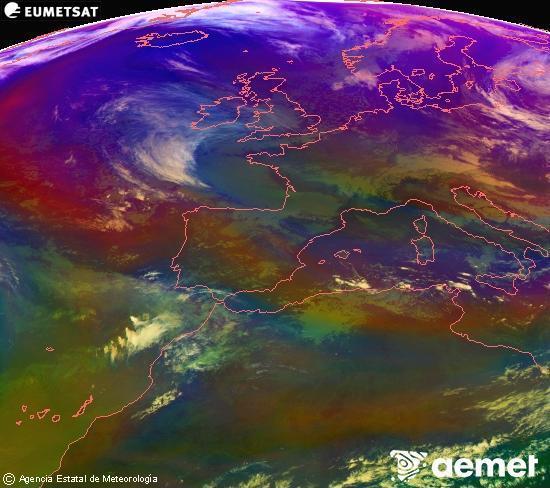 Composici�n RGB na que se mesturan varias canles do sat�lite Meteosat operacional en 0� N 0� W, que nos d� unha idea das caracter�sticas das masas de aire e da nebulosidade.&nbsp;martes, 30 decembro  2025 14:00