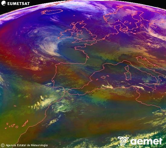 Composici�n RGB na que se mesturan varias canles do sat�lite Meteosat operacional en 0� N 0� W, que nos d� unha idea das caracter�sticas das masas de aire e da nebulosidade.&nbsp;martes, 30 decembro  2025 15:00