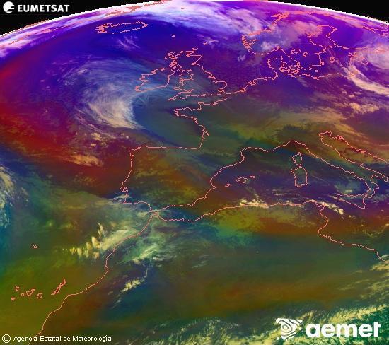 Composici�n RGB na que se mesturan varias canles do sat�lite Meteosat operacional en 0� N 0� W, que nos d� unha idea das caracter�sticas das masas de aire e da nebulosidade.&nbsp;martes, 30 decembro  2025 16:00