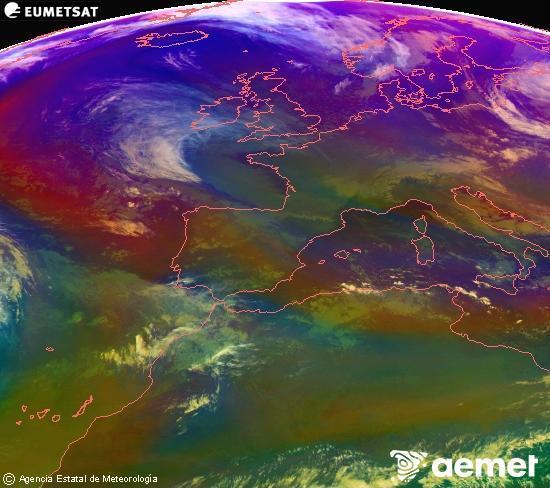 Composici�n RGB na que se mesturan varias canles do sat�lite Meteosat operacional en 0� N 0� W, que nos d� unha idea das caracter�sticas das masas de aire e da nebulosidade.&nbsp;martes, 30 decembro  2025 17:00