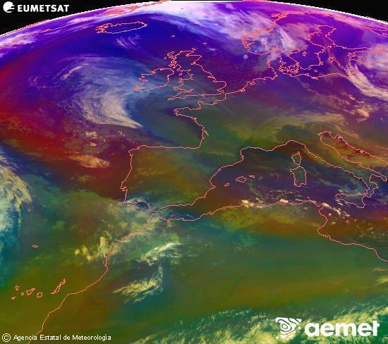 Composici�n RGB na que se mesturan varias canles do sat�lite Meteosat operacional en 0� N 0� W, que nos d� unha idea das caracter�sticas das masas de aire e da nebulosidade.&nbsp;martes, 30 decembro  2025 18:00
