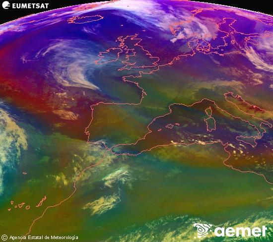 Composici�n RGB na que se mesturan varias canles do sat�lite Meteosat operacional en 0� N 0� W, que nos d� unha idea das caracter�sticas das masas de aire e da nebulosidade.&nbsp;martes, 30 decembro  2025 19:00