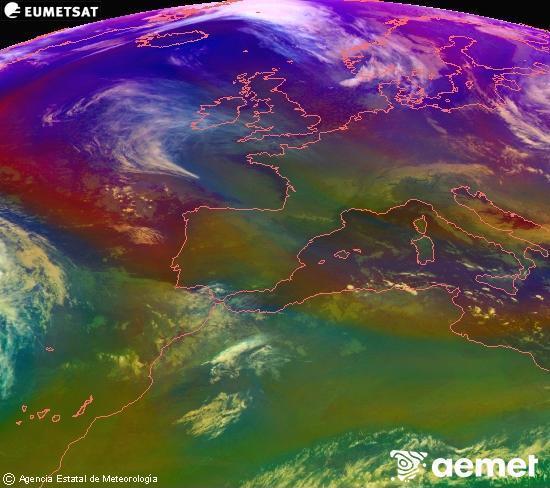 Composici�n RGB na que se mesturan varias canles do sat�lite Meteosat operacional en 0� N 0� W, que nos d� unha idea das caracter�sticas das masas de aire e da nebulosidade.&nbsp;martes, 30 decembro  2025 20:00