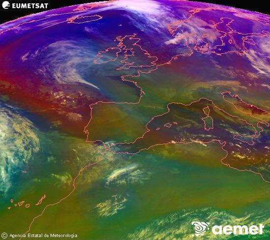 Composici�n RGB na que se mesturan varias canles do sat�lite Meteosat operacional en 0� N 0� W, que nos d� unha idea das caracter�sticas das masas de aire e da nebulosidade.&nbsp;martes, 30 decembro  2025 21:00