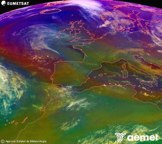 Composici�n RGB na que se mesturan varias canles do sat�lite Meteosat operacional en 0� N 0� W, que nos d� unha idea das caracter�sticas das masas de aire e da nebulosidade.&nbsp;martes, 30 decembro  2025 22:00