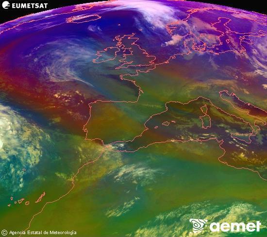 Composici�n RGB na que se mesturan varias canles do sat�lite Meteosat operacional en 0� N 0� W, que nos d� unha idea das caracter�sticas das masas de aire e da nebulosidade.&nbsp;martes, 30 decembro  2025 23:00