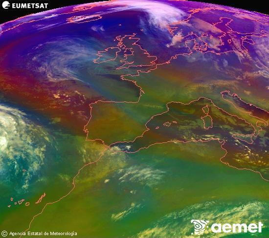 Composici�n RGB na que se mesturan varias canles do sat�lite Meteosat operacional en 0� N 0� W, que nos d� unha idea das caracter�sticas das masas de aire e da nebulosidade.&nbsp;m�rcores, 31 decembro  2025 00:00