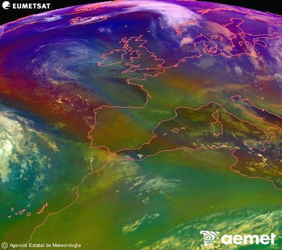 Composici�n RGB na que se mesturan varias canles do sat�lite Meteosat operacional en 0� N 0� W, que nos d� unha idea das caracter�sticas das masas de aire e da nebulosidade.&nbsp;m�rcores, 31 decembro  2025 01:00