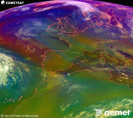 Composici�n RGB na que se mesturan varias canles do sat�lite Meteosat operacional en 0� N 0� W, que nos d� unha idea das caracter�sticas das masas de aire e da nebulosidade.&nbsp;m�rcores, 31 decembro  2025 02:00